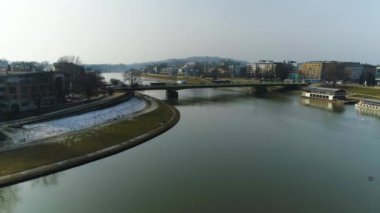 Aerial View On Debnicki Bridge over Vistula River in Cracow. High quality 4k footage