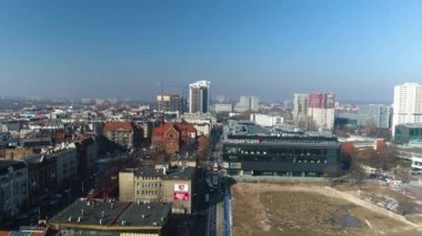 Katowice Panoraması. Tüm kasabanın havadan görünüşü. Yüksek kalite 4k görüntü