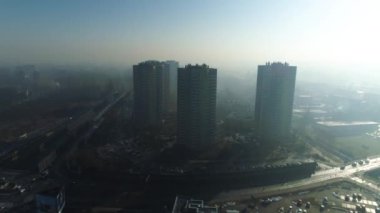 Aerial View On Fog Star Skyscrapers. Beautiful Silesian Climate. High quality 4k footage