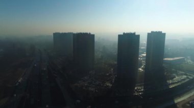 Aerial View On Fog Star Skyscrapers. Beautiful Silesian Climate. High quality 4k footage