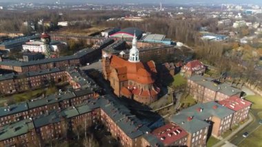 Church In The Historic Housing Estate Nikiszowiec Katowice From The Aerial View. High quality 4k footage