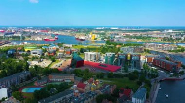 Aerial view of Martwa Wisla and port in Gdansk. High quality 4k footage