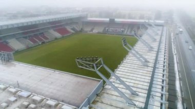 Aerial View On Foggy Cracovia Stadium Unique Footage. High quality 4k footage