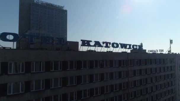 Katowice Inscription Top Building Aerial View Town Center High Quality — Stock videók