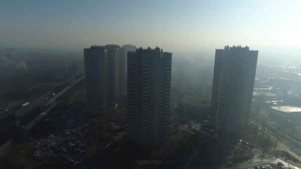 Aerial View Fog Star Skyscrapers Beautiful Silesian Climate High Quality — 图库视频影像