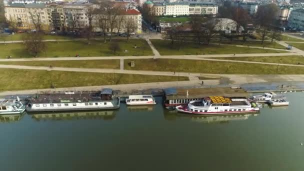 Aerial View Boats Vistula River Cracow Beautiful Polish Shot High — 图库视频影像