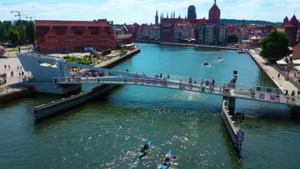 Aerial View Draw Footbridge Motawa River Gdansk High Quality Footage — Wideo stockowe