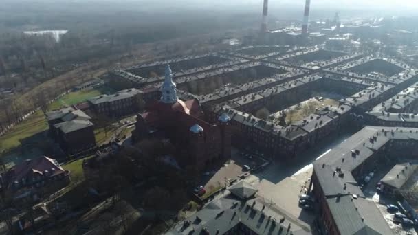 Church Historic Housing Estate Nikiszowiec Katowice Aerial View High Quality — Vídeos de Stock