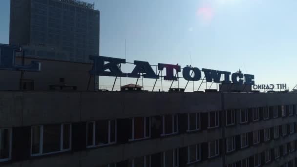 Katowice Inscription Top Building Aerial View Town Center High Quality — стокове відео