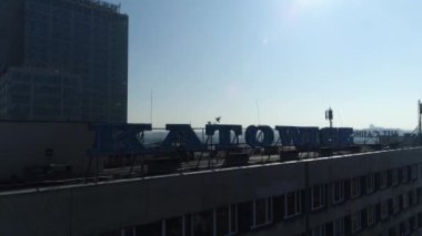 Katowice Inscription On The Top Of The Building. Aerial View Of The Town Center. High quality 4k footage