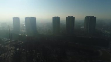 Aerial View On Fog Star Skyscrapers. Beautiful Silesian Climate. High quality 4k footage