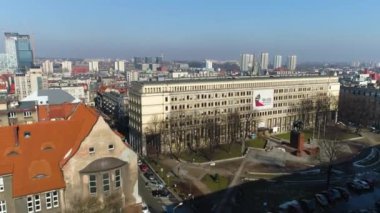 Chrobry Square And Pilsudski Monument In Katowice From The Aerial View. High quality 4k footage