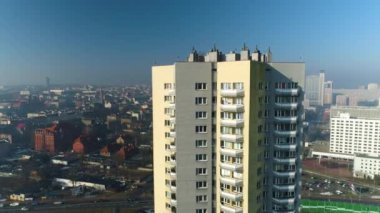 Aerial View On Fog Star Skyscrapers. Beautiful Silesian Climate. High quality 4k footage