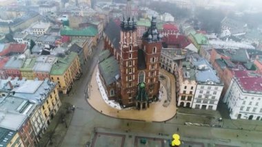 Aerial View On Bazylika Mariacka In Cracow, Beautiful Polish Footage. High quality 4k footage