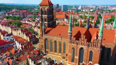 Aerial view of Bazylika sw. Mikolaja in Gdansk. High quality 4k footage