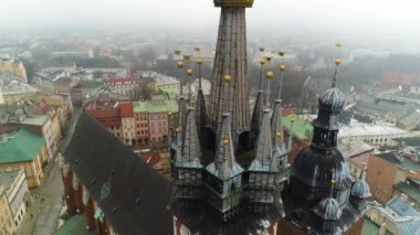 Aerial View On Bazylika Mariacka In Cracow, Beautiful Polish Footage. High quality 4k footage