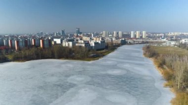 The Frozen Valley Of Three Ponds In Katowice From An Aerial View. High quality 4k footage