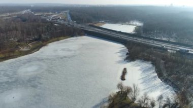 The Frozen Valley Of Three Ponds In Katowice From An Aerial View. High quality 4k footage