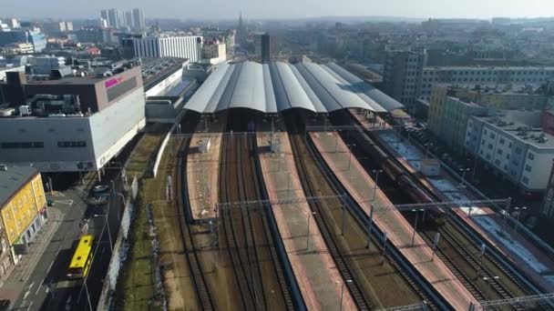 Station Katowice Luchtfoto Van Het Stadscentrum Hoge Kwaliteit Beeldmateriaal — Stockvideo