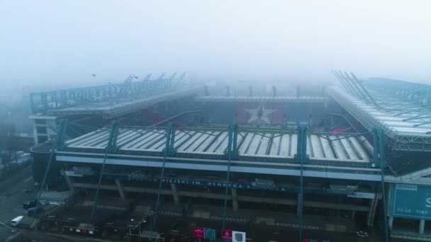 Aerial View Foggy Henryk Reyman City Stadium Cracow Majestic Footage — Vídeo de Stock