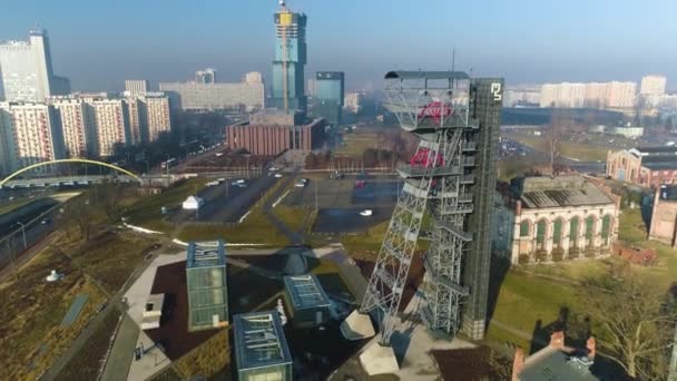 Aerial View Katowice Silesian Museum Shaft Towers Beautiful Landscape High — 图库视频影像