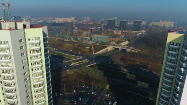 Aerial View Fog Star Skyscrapers Beautiful Silesian Climate High Quality — Stock video