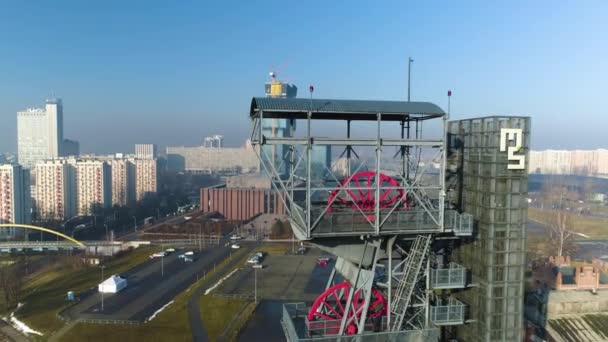 Aerial View Katowice Silesian Museum Shaft Towers Beautiful Landscape High — 비디오