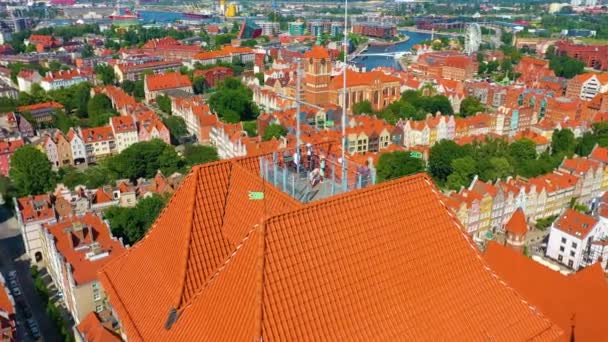 Aerial View Towers Bazylika Mikolaja Gdansk High Quality Footage — Wideo stockowe