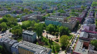 Aerial view of the Solidarity square in the center of Czestochowa. Beautiful Poland. High quality 4k footage