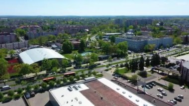 Aerial view of Downtown and National Memorial Square in Czestochowa-. High quality 4k footage
