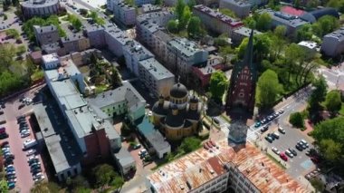 Aerial view of the Solidarity square in the center of Czestochowa. Beautiful Poland. High quality 4k footage