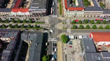 Aerial view of the intersection in the center of Czestochowa. Beautiful footage from Poland. High quality 4k footage