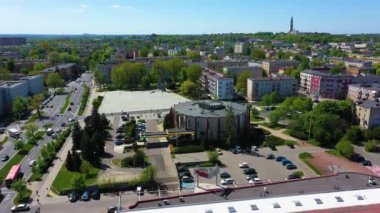 Aerial view of Downtown and National Memorial Square in Czestochowa-. High quality 4k footage