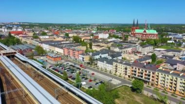 Aerial view of the Railway Station and Church in Czestochowa. Beautiful footage from Poland. High quality 4k footage