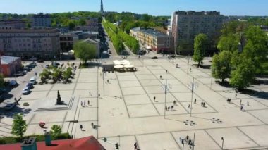 Aerial view of the center of Czestochowa. Bieganski Square and Jasna Gora Monastery. High quality 4k footage
