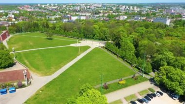 Aerial view of The Jasna Gora Monastery in Czestochowa. High quality 4k footage