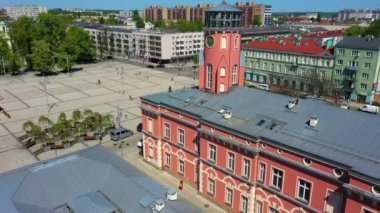 Aerial view of the center of Czestochowa. Town Hall and Bieganski Square. High quality 4k footage