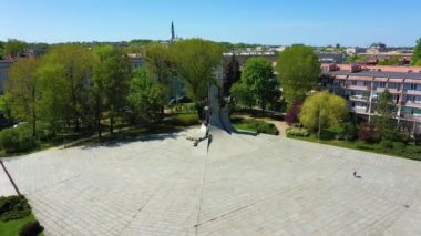 Aerial view of Downtown and National Memorial Square in Czestochowa-. High quality 4k footage