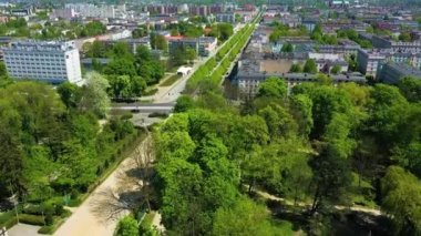 Aerial view of Park im. Stanislawa Staszica in Czestochowa. High quality 4k footage