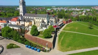 Aerial view of The Jasna Gora Monastery in Czestochowa. High quality 4k footage