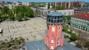 Aerial view of the center of Czestochowa. Town Hall and Bieganski Square. High quality 4k footage