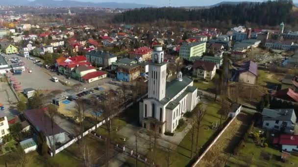 Prachtige Bloemenkerk Zywiec Luchtfoto Hoge Kwaliteit Beeldmateriaal — Stockvideo