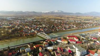 Panorama Of The Bridge Over Sola In Zywiec. Polish Aerial View. High quality 4k footage