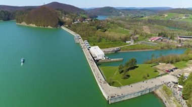 Water Dam On Solina Lake Bieszczady Mountains Aerial View Poland. High quality 4k footage