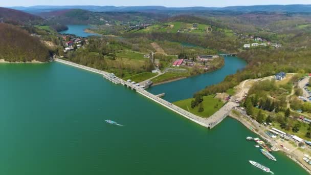 Water Dam Solina Lake Bieszczady Mountains Aerial View Poland High — 图库视频影像