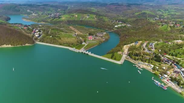 Water Dam Solina Lake Bieszczady Mountains Aerial View Poland High — Video Stock