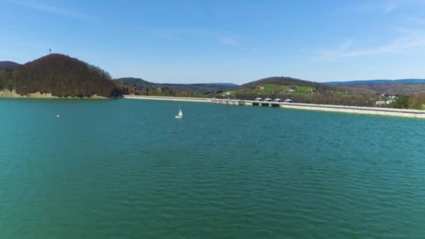 Water Dam Solina Lake Bieszczady Mountains Aerial View Poland High — Stok video