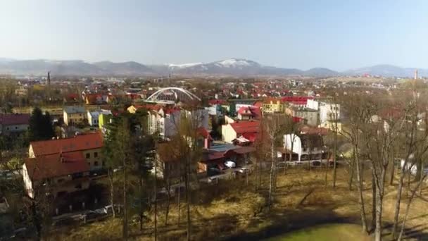 Hyperlapse Panorama Der Brücke Über Sola Zywiec Polnische Luftaufnahme Hochwertiges — Stockvideo