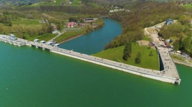 Water Dam On Solina Lake Bieszczady Mountains Aerial View Poland. High quality 4k footage