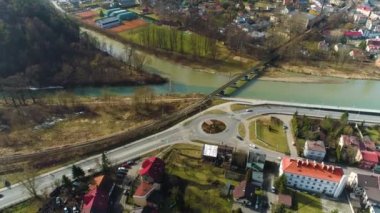 Rondo Near The Sola River In Zywiec. Polish Aerial View. High quality 4k footage